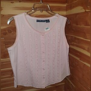90s Cotton Express Light Pink Sleeveless Button-Front Eyelet Top